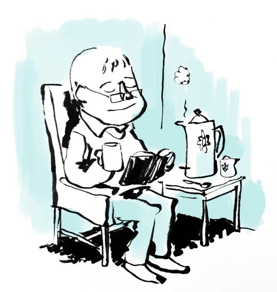 Tegning af person der nyder en kop kaffe og læser en bog